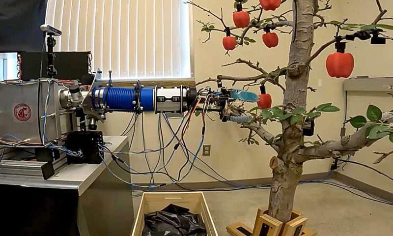 Inflatable fabric robotic arm picks apples